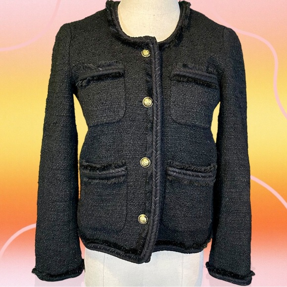 J. Crew Black Wool-Blend Tweed Gold Button-Front Patch Pocket Lady Jacket Size 0 - Picture 4 of 16